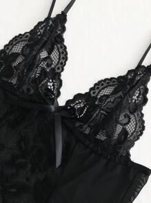 Set de 2 piezas de ropa interior sexy de encaje y malla para mujer, con diseño de patchwork de encaje