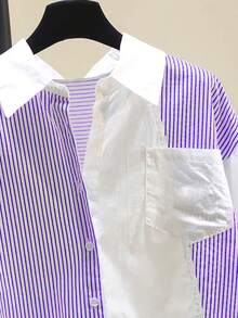 Striped Patchwork Design Casual Loose Blouse Shirt, Fashionable For Women, Spring/Autumn