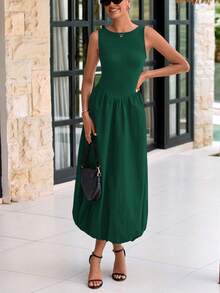 Women Summer Sleeveless Midi Dress Casual Patchwork Knit Tank Side Pockets Bubble Long Flowy Dress Spring Holiday Vacation Beach Going Out Valentine  Maxi Sundress - màu xanh đậm - Xem 5