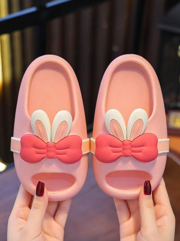 1 Pair Girls' Cute Bow Non-Slip Flat Slide Sandals, Suitable For Summer Wear