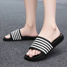 Striped Sandals, Non-Slip Slippers, Classic Five-Bar Design Beach Slides - Black - View 9