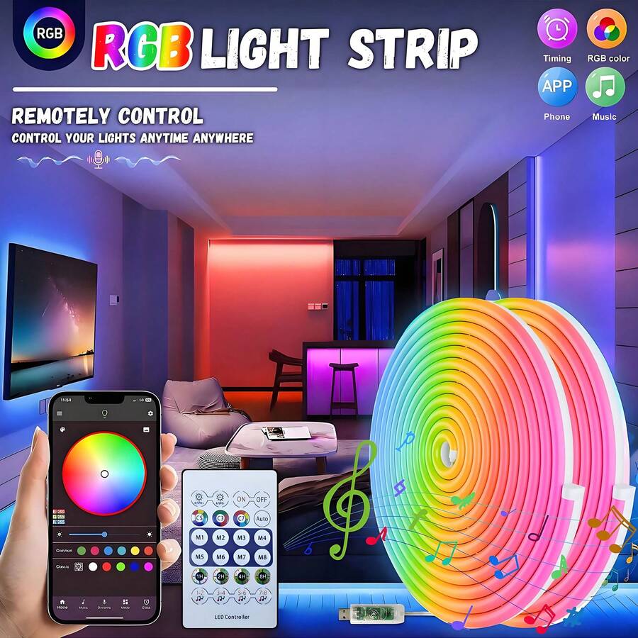 Luces de neón de cuerda LED, tiras de luz LED de 3.28/9.84/16.4 pies, luces de neón RGB impermeables para exteriores, con control remoto y aplicación, sincronización de música y cambio de color, para fiestas, juegos, dormitorio, pared, cosas, habitación, sala, decoración