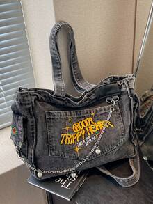 Casual Y2K Style Chic Soft Jeans Tote Bag Street Style Chain Letter Pattern Shoulder Bag Large Capacity Crossbody Bag - Dark Grey - View 2