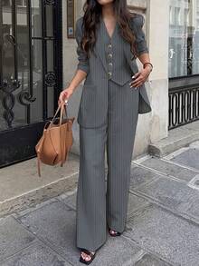 Women's Casual Commuter Striped Jacket, Pants, Vest 3-Piece Suit Set, Spring/Summer - Light Grey - View 5