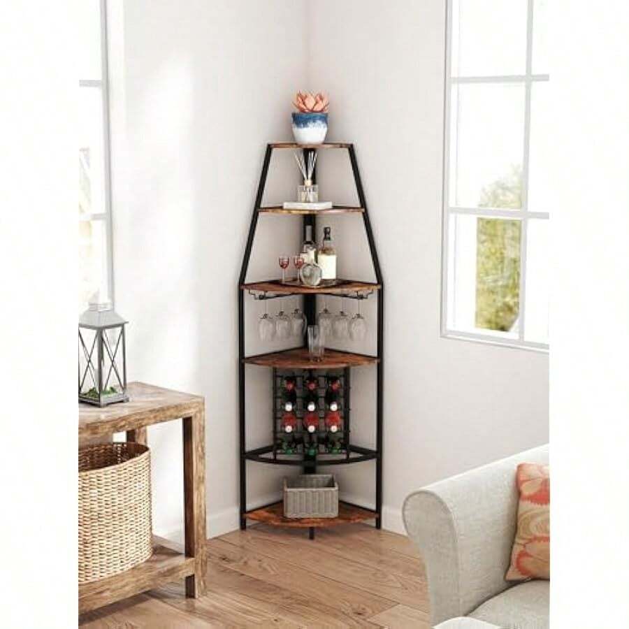 Corner Wine Rack For Living Room - 5-Layer Open Storage For 12 Bottles Wine Racks Free Standing With Glass Holder Wine Storage For Kitchen Bar Cellar Dining Room - as pic - View 1