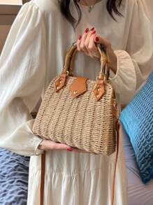 New Fashion Bamboo Knitted Handbag, Cross-Body Woven Bag, Vacation Beach Bag, Versatile Women Handbag