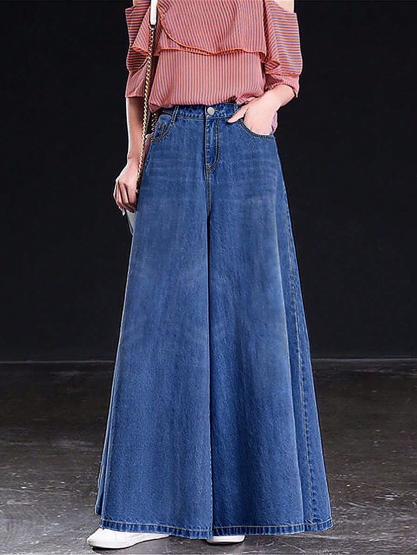 جينز كاجوال فضفاض بجيوب وساق واسعة للنساء، ربيعي