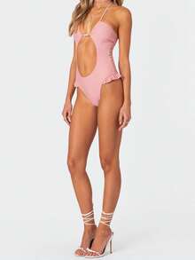 Women's Stylish Monokini Swimsuit Summer Cutout Ruffle Backless Halter Neck For Beach Vacation - Pink - View 3
