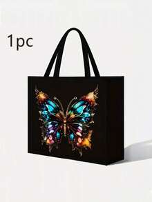 2 Pieces Pink Butterfly Print Tote Bag Set, Jute With Stylish Pattern, Including Handy Coin Purse, Perfect For Shopping, Travel & Beach Adventures,Multifunctional Women's Bag, Suitable For Daily, Travel, Shopping, Work, Gift Giving - Black - View 6