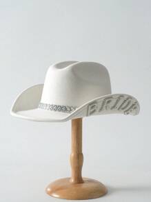 1PC Women's White Solid Color Shiny Wide-Brimmed Cowboy Hat. 2024 Wedding Essentials,Unique Luxurious Crystal Square Small Bright Diamond Colored Gemstone Paired Eye Shape With Faux Pearl Letter 'BRIDE' Bridal Hat.