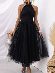 Womens Backless Long Dress Adjustable Tie Halter Neck Tulle High Waist Solid Party Wedding Dress - 黑色 - 查看 1