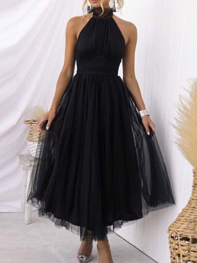 Womens Backless Long Dress Adjustable Tie Halter Neck Tulle High Waist Solid Party Wedding Dress