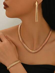 Conjunto de 4 joias femininas elegantes - colar, pulseira e brincos, estilo punk/hip-hop simples de metal, corrente de cobra dourada, adequada para festivais, festas, uso diário e viagens