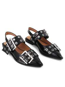Pointed Toe Slingback Flat Ballet Pumps For Women Fashion Wide Buckle Chunky Heeled Casual Party Comfortable Pumps Woman - Black - View 1