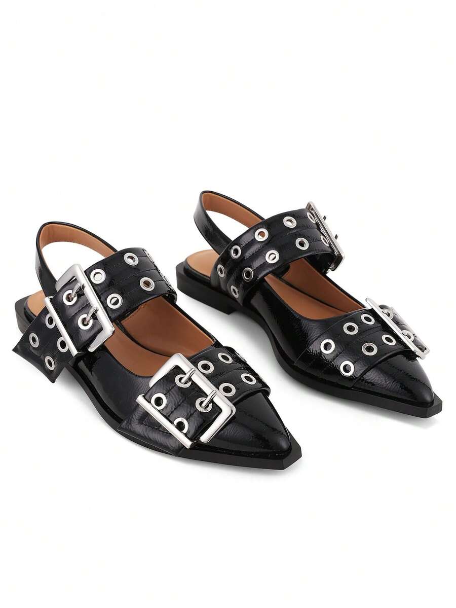 Pointed Toe Slingback Flat Ballet Pumps For Women Fashion Wide Buckle Chunky Heeled Casual Party Comfortable Pumps Woman - Black - View 1