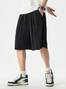 Plus Size Solid Color Knitted Ice Silk Fabric Casual Sports Shorts, Suitable For Summer - Black - View 4