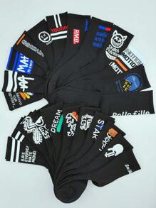 5pairs/set Random Men's Black Letter, Stripe, Dinosaur & Robot Patterned Mid-calf Socks For Skateboarding, Autumn & Winter