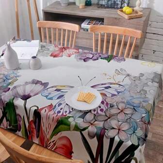 1pc Rectangle Tablecloth, Spring/Summer Popular European Style High-End Pastoral Hand-Painted Floral & Butterfly Design, Suitable For Daily Home, Living Room, Dining Room, Outdoor Picnic, Etc.