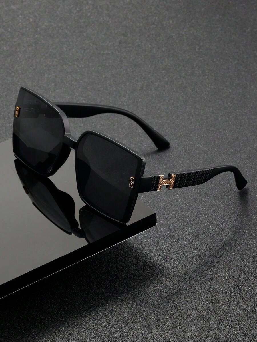 1pc Fashionable Fashion Glasses, Unisex Gift, Korean Style Casual Vacation Decorative Luxury Beach Versatile Photo Props Big Frame Square Floral Arm H-Logo Glasses