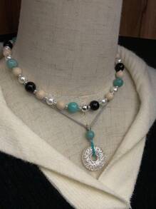 Collar hecho a mano de cuerda con cuentas de plata, perla y amazonita natural, estilo océano de verano, diseño de contraste de color, plata de ley 925