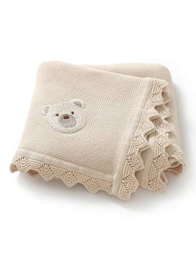 1pc Baby Knitted Blanket, Cute Bear Embroidery Romantic Wavy Edge, Comfortable & Minimalist, Suitable For Stroller, All Seasons