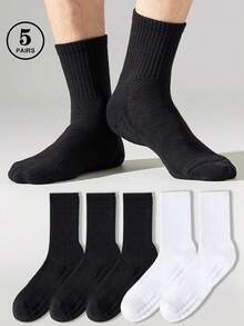 5 Pairs Men's Cushioned Crew Sports Socks, Moisture-Wicking Shock-Absorbing Heel Protection Odor Resistant Basketball Socks, Black & White, All Season - Multicolor - View 2
