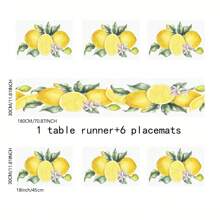 1pc/5pcs/7pcs, Home Decor, Summer Style Lemon Pattern Polyester Printed Table Runner With 6 Placemats - Polyester, Rectangle, Holiday Decorative Fabric Table Runner, Home Decor, Kitchen & Dining Table Decoration, Room Decor, Table Runner
