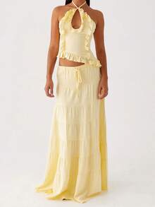 Women's 2 Piece Skirt Outfits Halter Neck Ruffle Trim Tops Long Flowy Skirt Set - Màu vàng - Xem 1