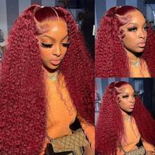 Burgundy Brazilian Deep Wave Lace Front Wig HD Transparent 13x4 Lace Frontal Human Hair Wigs For Women Pre Plucked  Human Hair  Deep Curly Wigs Wine Red 99J Color - S99J - 查看 5