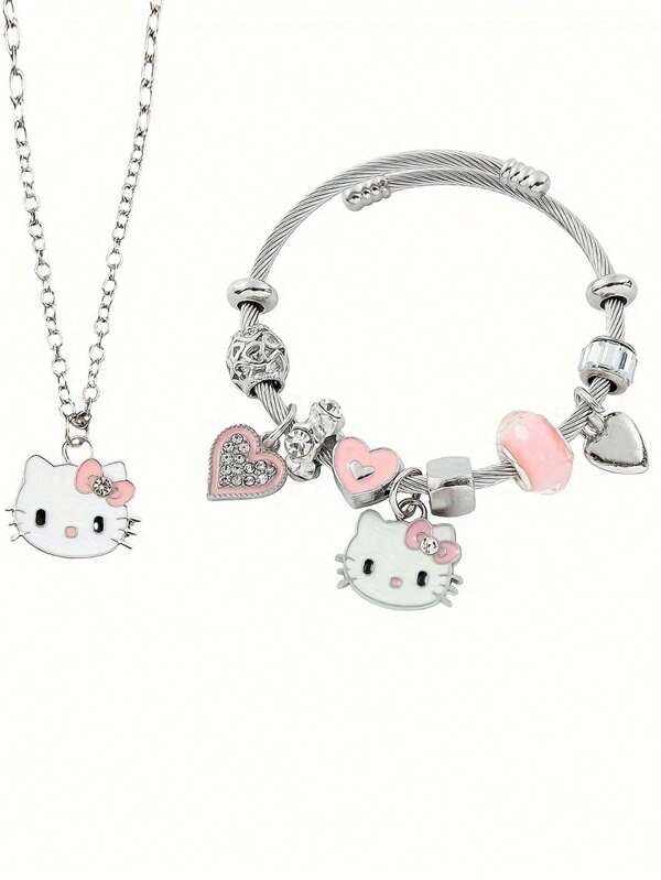 2-teiliges Set, Halskette+Armband Set, süßes Cartoon-Schmuckset für Hello Kitty, Armband-Set aus Zinklegierung mit funkelnden Kristallen, modisches Accessoire, bestehend aus Halskette und Armband, geeignet für den täglichen Gebrauch und als Geschenk, perfekt für den Valentinstag