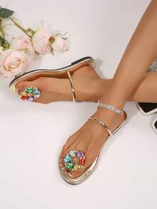 2026 New Comfortable Gem Round Toe Flat Sandals For Women, Seasonal Popular Beach Style Solid Color Sweet Breathable Slippers - Gold - View 6
