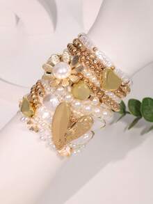 12 قطعة من الأساور مجموعة أنيقة ذات زخرفة من اللؤلؤ البروكي والزهور والقلوب الذهبية، مناسبة للسيدات في المناسبات الاجتماعية والحفلات - متعدد الألوان - مشاهدة 2