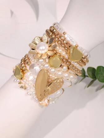 12 件巴洛克珍珠串珠金花和心形装饰奢华优雅时尚手链套装，适合女性派对/社交场合