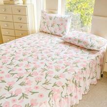Juego de ropa de cama minimalista de 3 piezas con impresión digital suave y cómoda, 1 * sábana ajustable + 2 * fundas de almohada (sin relleno), juego de ropa de cama suave y con volantes elegantes, adecuado para dormitorio, habitación de invitados, cama individual/matrimonial, de doble cara, para todas las estaciones, lavable, diseño antideslizante y de alta elasticidad
