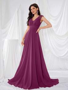 UNITHORSE V 领荷叶边袖褶皱网眼拼接派对晚礼服（随机剪裁）、新娘礼服、生日女士服装、毕业礼服、正式礼服、伴娘礼服 - 中紫紅色 - 查看 4