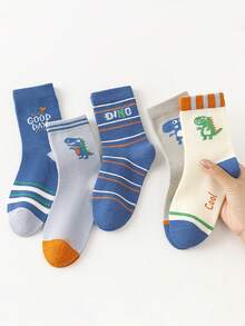 5 Pairs Kids' Dinosaur Striped & Letter Pattern Mid-Calf Socks, Cartoon Design For Boys, Spring Autumn Winter, Polyester, Unisex - Multicolor - View 3