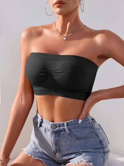 Women's Seamless Bandeau Bra, Solid Color, Mesh Fabric, Non-Slip, High Elasticity, Breathable, Wireless