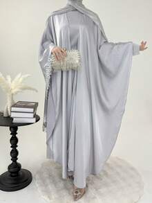 2pcs Set Fashionable Modest Sequin Fringe & Robe, Round Neck, Graceful & Elegant Abaya Robe Outfit For Party, Date, Ceremony - Grey - View 2