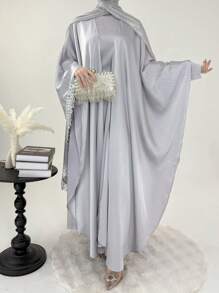 Set de 2 piezas Conjunto modesto y elegante con flecos con lentejuelas y bata, cuello redondo, conjunto de abaya elegante y grácil para fiesta, cita, ceremonia
