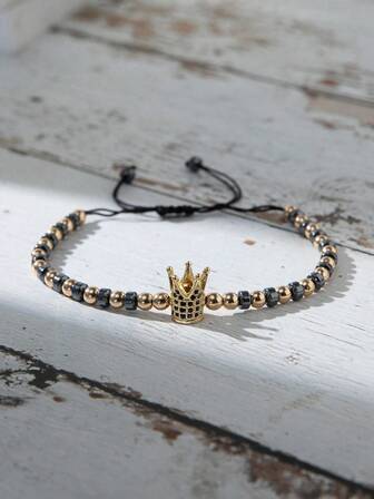 1入組時尚皇冠和黑瑪瑙串珠手鏈帶微鋪平方晶鋯石適合男士,可調節