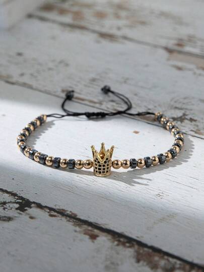 1pc Fashionable Crown & Black Onyx Beaded Bracelet With Micro Pave CZ For Men, Adjustable