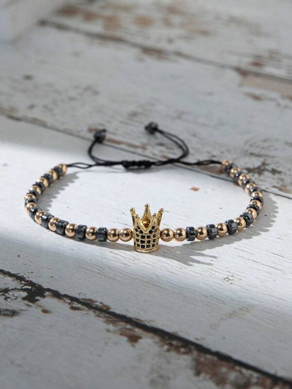 1pc Fashionable Crown & Black Onyx Beaded Bracelet With Micro Pave CZ For Men, Adjustable
