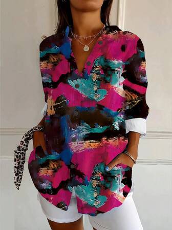 Långärmad blus för kvinnor Mode Blommönster Vår Sommar Nyhet Casual Loose Fit Toppar Bekväm avslappnad skjorta Flowy Chic Streetwear-stil