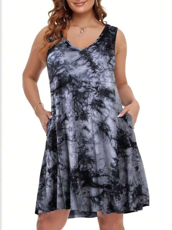 Women's Casual Summer Plus Size Dress, V-Neck Swing Tank Dress, Cross-Back Sleeveless Beach Vacation Pocket Dress