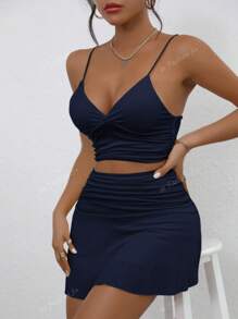 2 peças/Conjunto Vestido de Mulher Fashion, Saia Curta Sexy Bodycon & Top Bustier Sem Mangas Decote em V, Elegante e Ajustado