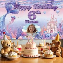 1 Stück personalisiertes Portrait, Name, Alters-Geburtstags-Party Banner, Polyester, Meerjungfrau Thema Unterwasser Schloss & Korallenriff Fotohintergrund, personalisiertes Alles Gute zum Geburtstag Banner, geeignet für Kuchentisch, Zuhause, Außenbereich, 3 Größenoptionen, grafischer Muster