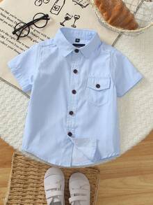 1 件休闲儿童浅蓝色圆点提花翻领衬衫，带口袋，适合春夏季、海滩度假、休闲派对、生日派对、小主人演讲 - 淺藍色 - 查看 1