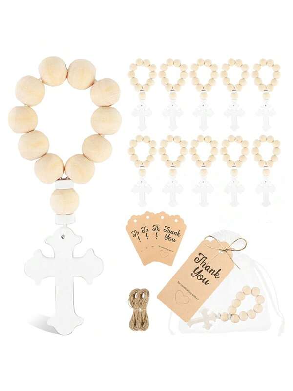1 pieza Juego de /bautizo con forma de cruz de cuentas de madera y bolsa de malla blanca, cuentas de madera, apropiado como regalo para recién nacidos