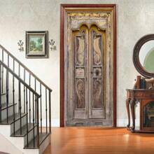 Traditional Style Building Door Stickers Wooden Door Vinyl PVC Waterproof Self-Adhesive Wallpaper Home Decoration Interior Door Stickers Wall Decor Room Decor Personalised Stickers