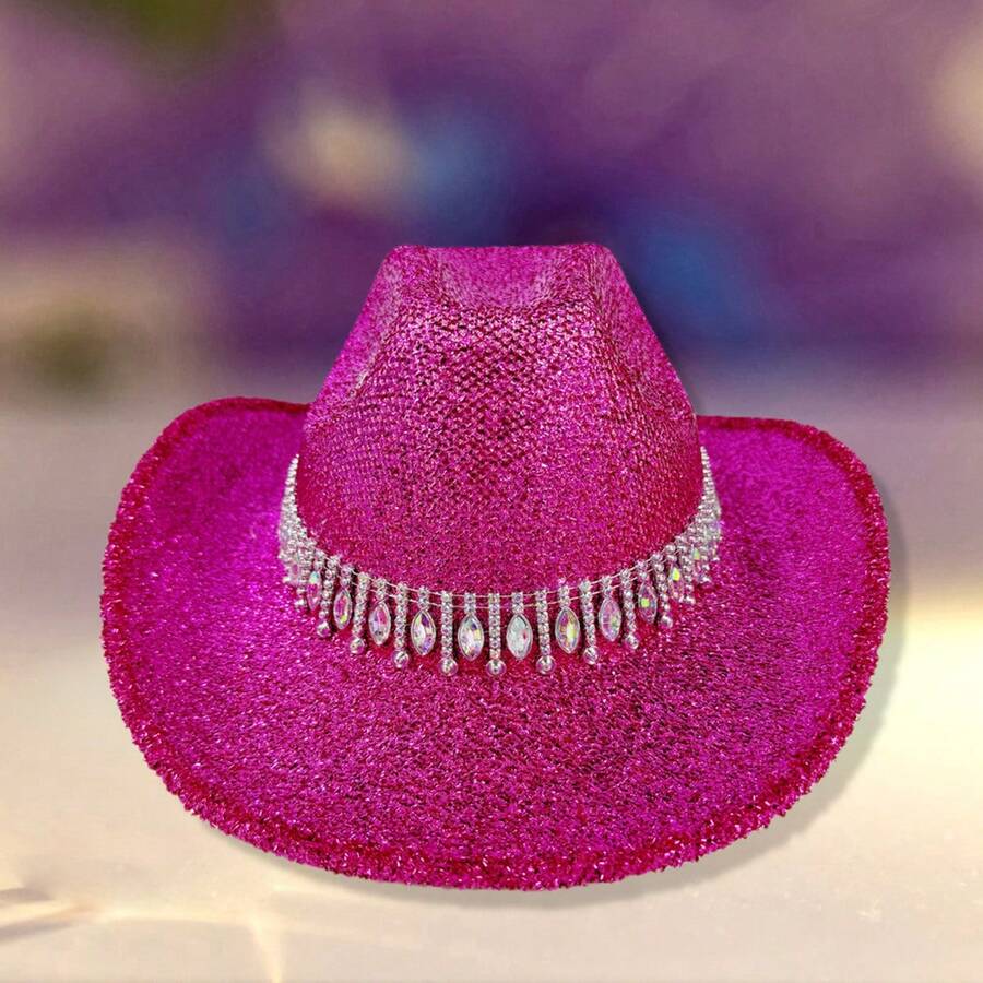 Women's Cowgirl Hat Stylish Rhinestone Design Sun Hat Wide Brim Western Cap For Party Daily Life - Hot Pink - View 1